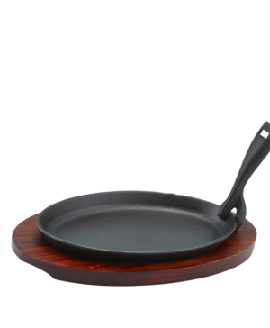 Genware Cast Iron Sizzler Platter & Wooden Trivet/   250 x 160mm 9⅘ x 6⅓"   - Case Qty - 1